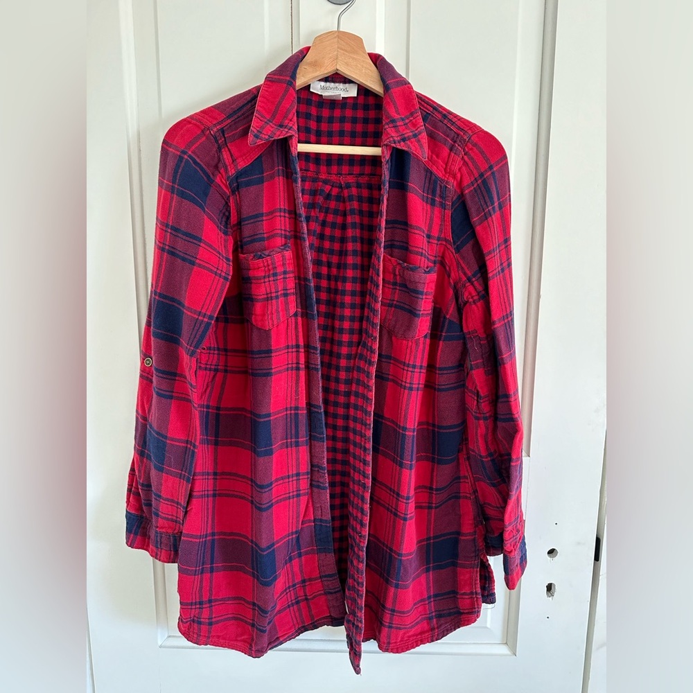 Maternity Motherhood Red and Blue Plaid Shirt